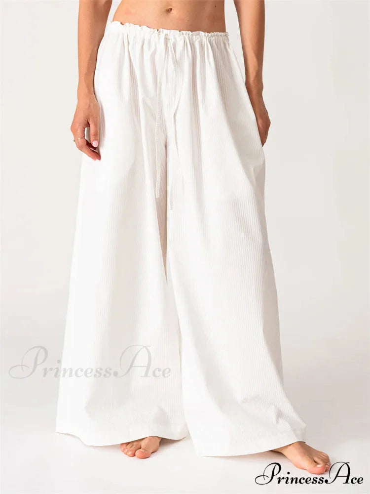 Solid/Striped Roomy Cinched Casual Broad Pant WHITE / S pant-250223
