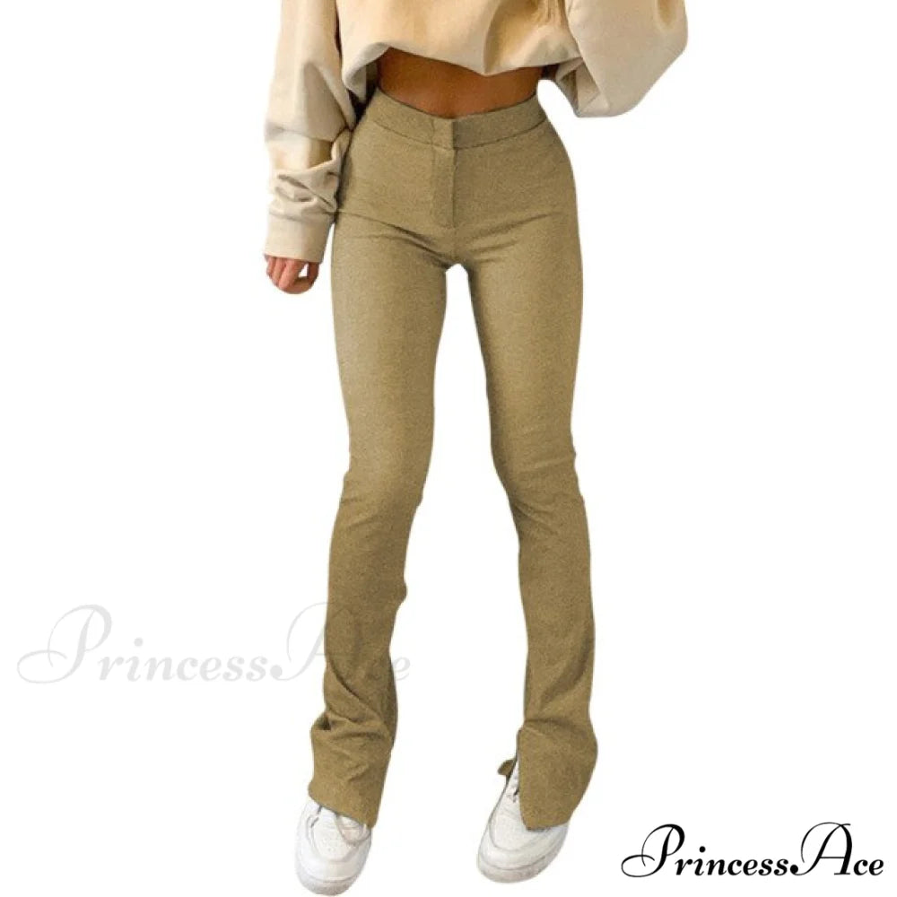 Solid Sweatpants Skinny Long Trousers Khaki / S