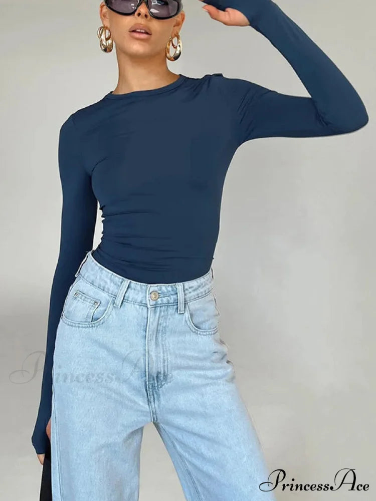 solid T-shirt neck color slimming Women’s long-sleeved round top Blue / S