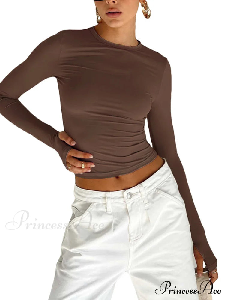 solid T-shirt neck color slimming Women’s long-sleeved round top Brown / S