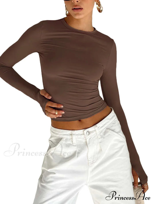 solid T-shirt neck color slimming Women’s long-sleeved round top Brown / S