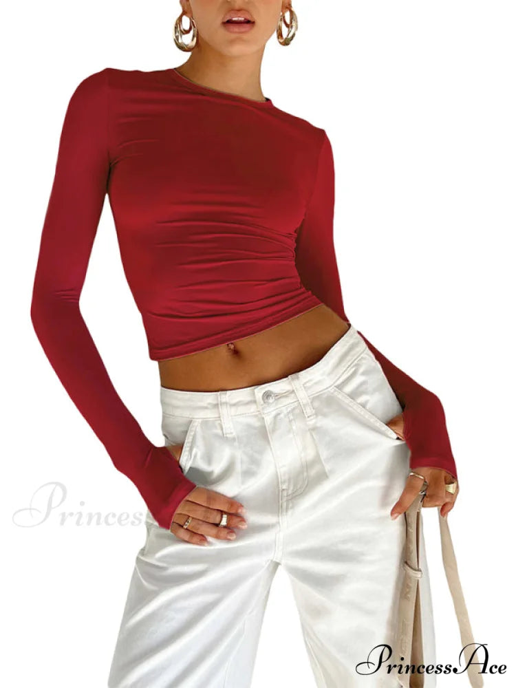 solid T-shirt neck color slimming Women’s long-sleeved round top Red / S