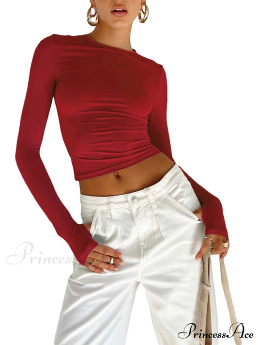 solid T-shirt neck color slimming Women’s long-sleeved round top Red / S