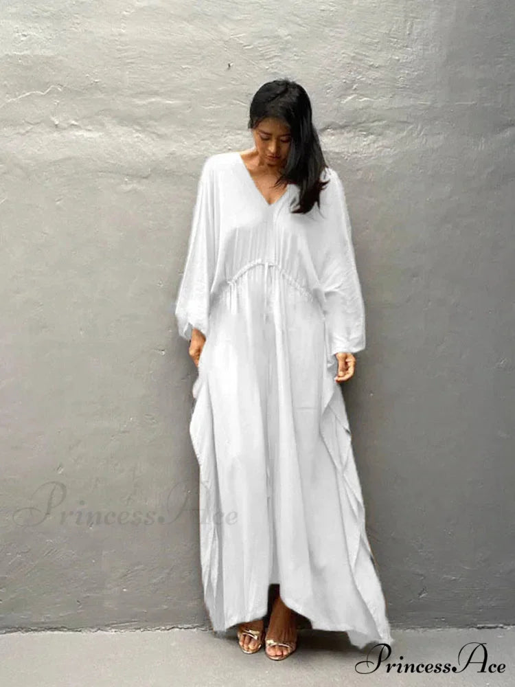 Solid Tunic Loose Kaftan Side Split Long Maxi Dress WHITE / One Size