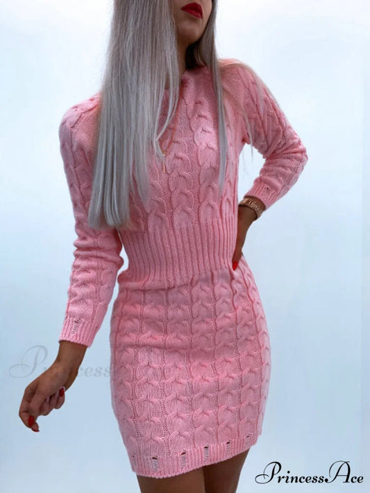 Solid Twist Temperament Waist Sweater Dress pink / S