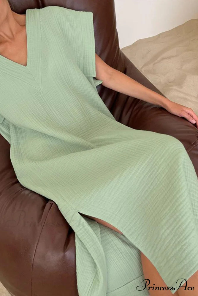 Solid V Neck Cotton Dress with Side Slit Green / L