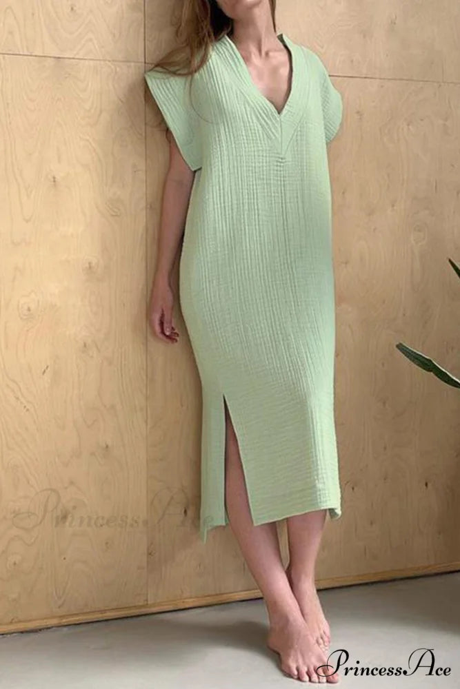 Solid V Neck Cotton Dress with Side Slit Green / M