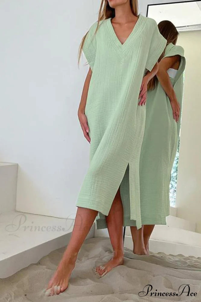 Solid V Neck Cotton Dress with Side Slit Green / S