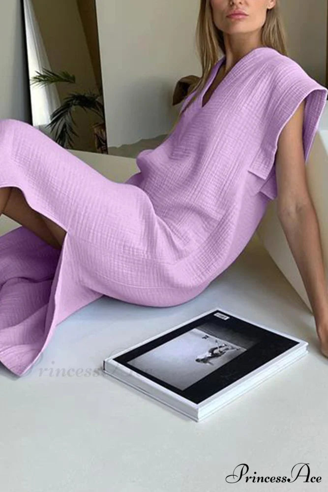 Solid V Neck Cotton Dress with Side Slit Purple / L