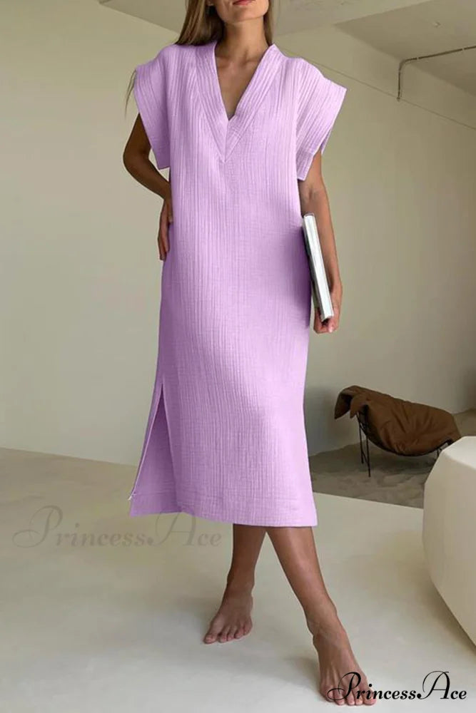Solid V Neck Cotton Dress with Side Slit Purple / S