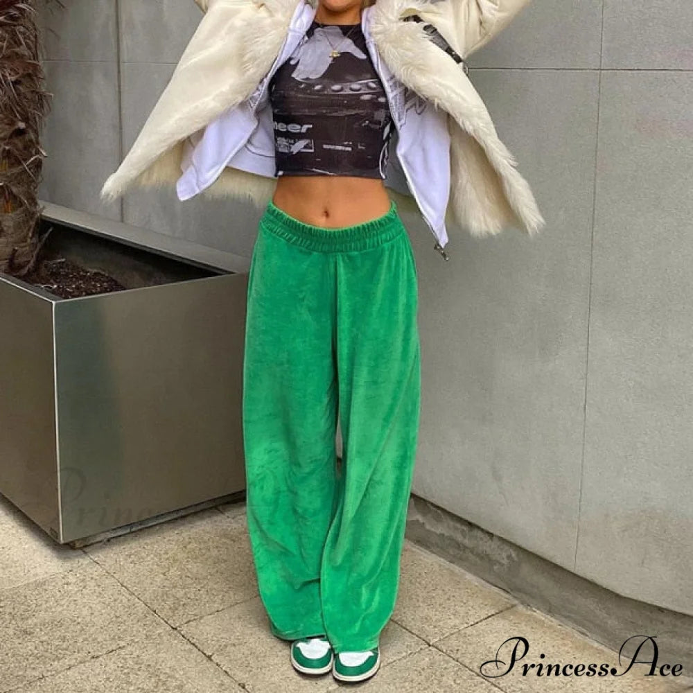Solid Velvet Wide Leg Pants green / S