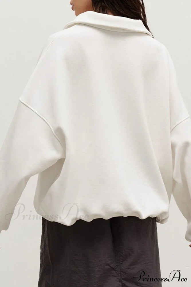 Solid Zipped Lapel Sweatshirt White / L