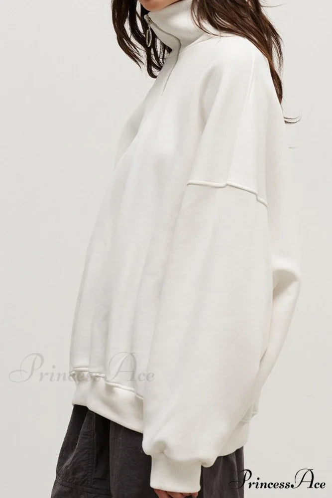 Solid Zipped Lapel Sweatshirt White / M