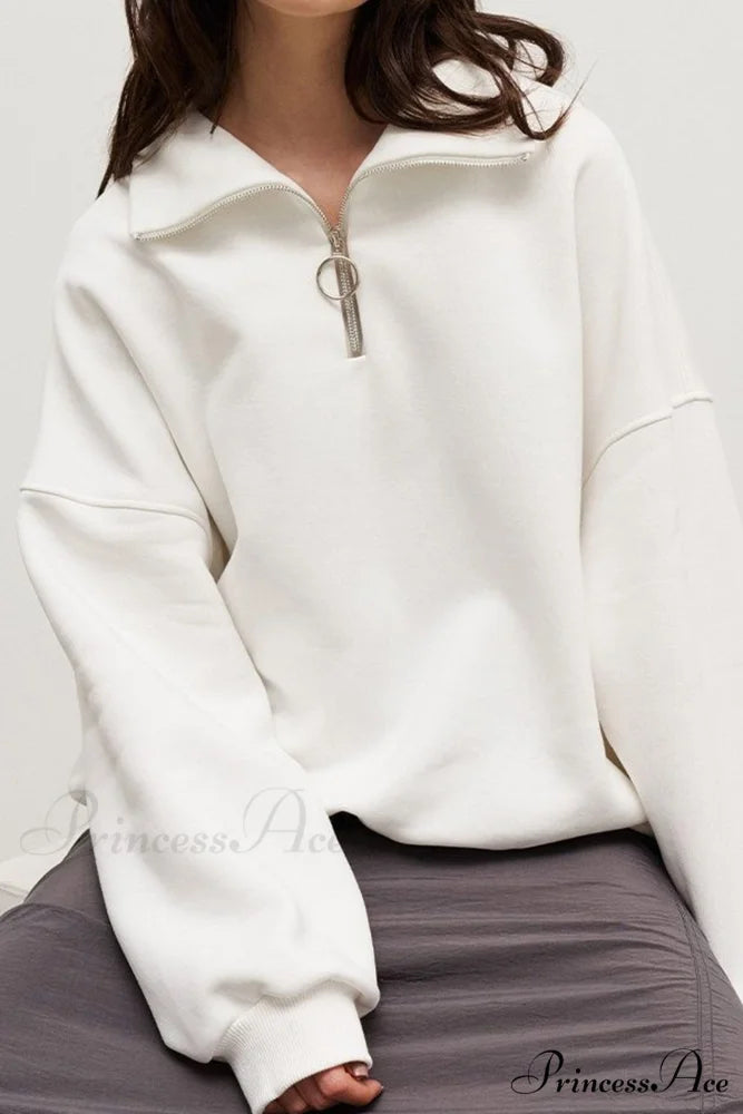 Solid Zipped Lapel Sweatshirt White / S