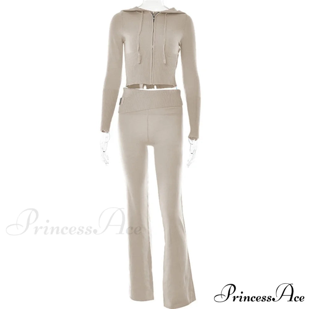 Solid Zipper Pant Hoodie Cardigan and Style Set Street Sweatshirt Women’s Lace-up 2024 - Casual Suit Apricot Pants Set