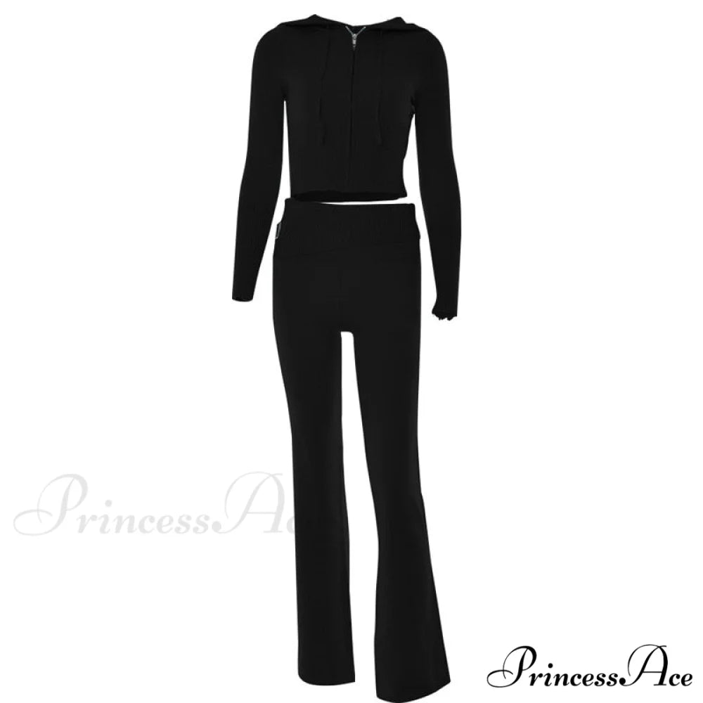 Solid Zipper Pant Hoodie Cardigan and Style Set Street Sweatshirt Women’s Lace-up 2024 - Casual Suit Black Pants Set / S