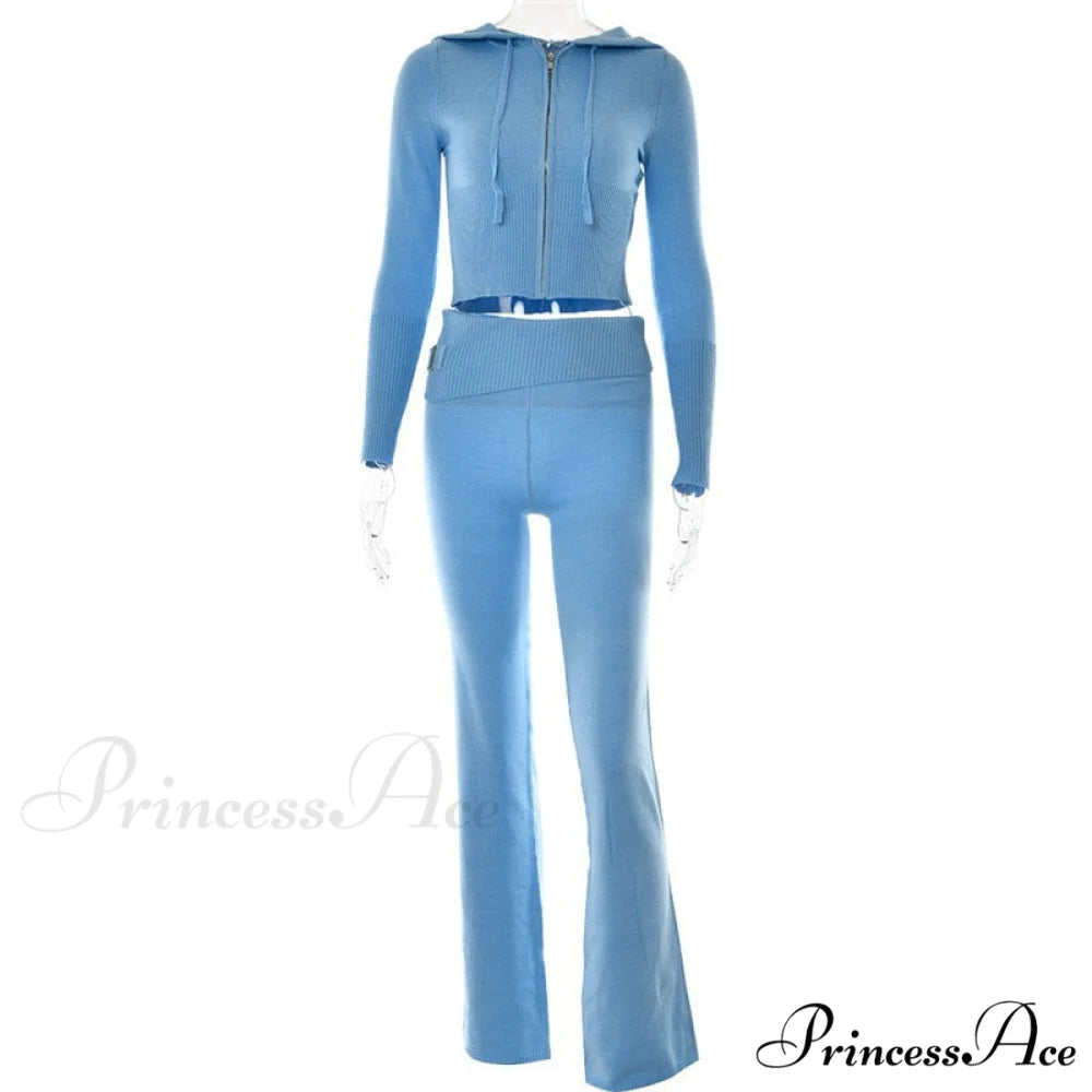 Solid Zipper Pant Hoodie Cardigan and Style Set Street Sweatshirt Women’s Lace-up 2024 - Casual Suit Blue Pants Set / S