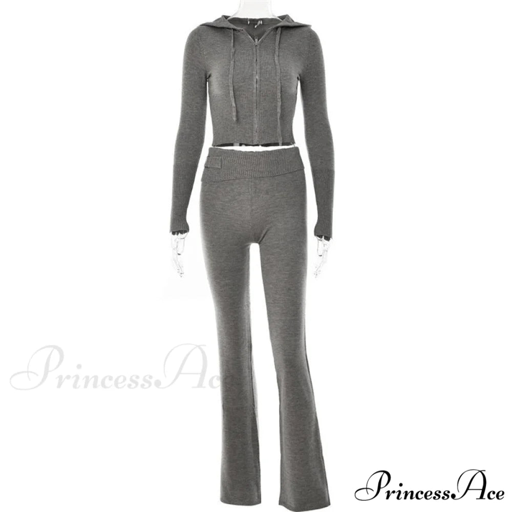 Solid Zipper Pant Hoodie Cardigan and Style Set Street Sweatshirt Women’s Lace-up 2024 - Casual Suit Gray Pants Set / S
