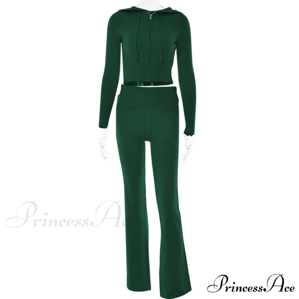 Solid Zipper Pant Hoodie Cardigan and Style Set Street Sweatshirt Women’s Lace-up 2024 - Casual Suit Green Pants Set / S