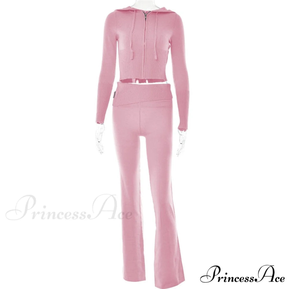 Solid Zipper Pant Hoodie Cardigan and Style Set Street Sweatshirt Women’s Lace-up 2024 - Casual Suit Pink Pants Set / S