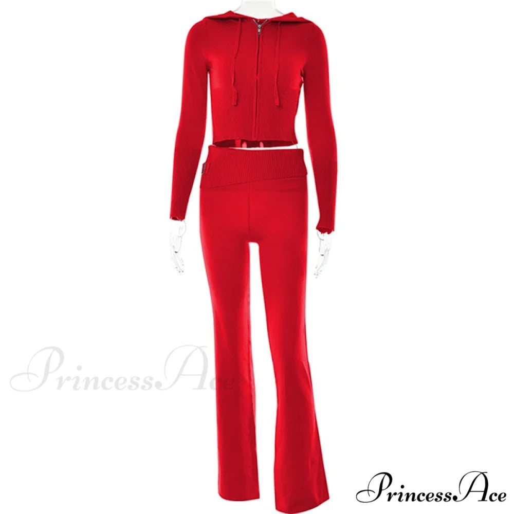 Solid Zipper Pant Hoodie Cardigan and Style Set Street Sweatshirt Women’s Lace-up 2024 - Casual Suit Red Pants Set / S