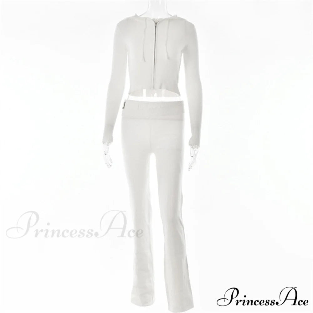 Solid Zipper Pant Hoodie Cardigan and Style Set Street Sweatshirt Women’s Lace-up 2024 - Casual Suit White Pants Set / S