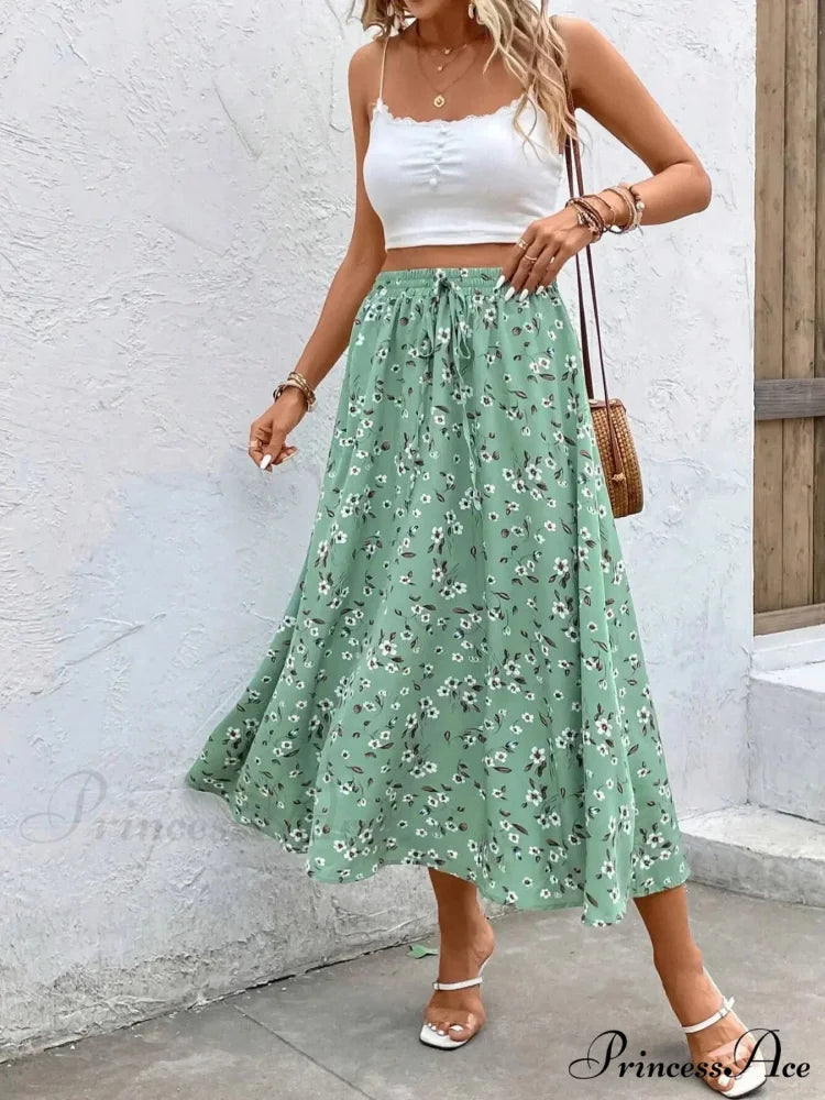 Sophisticated Broken Blossom Midi Skirt Cinch Cord Informal Style skirt-250126