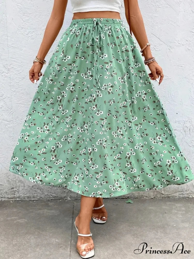Sophisticated Broken Blossom Midi Skirt Cinch Cord Informal Style Green / S skirt-250126