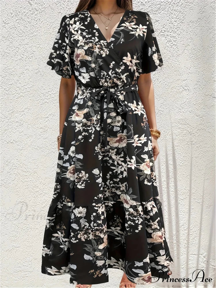 Sophisticated Flower A-line Dress Black / S oldfloraldress-250126