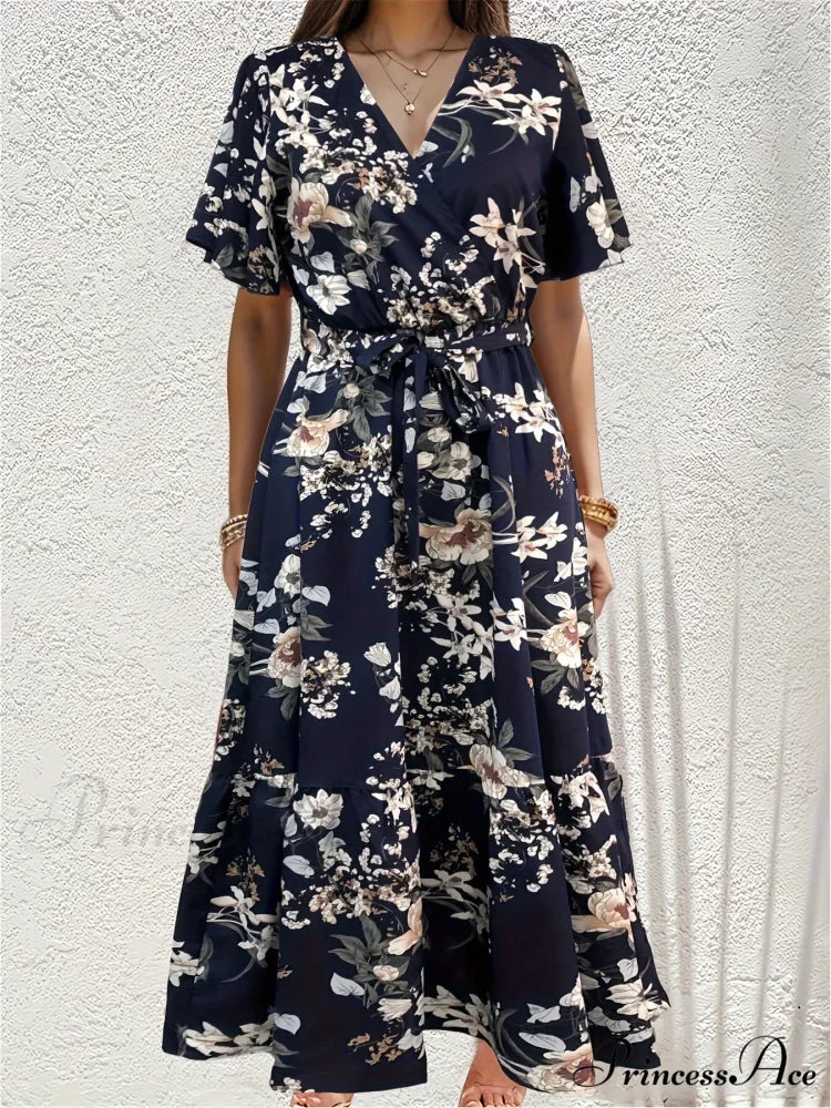 Sophisticated Flower A-line Dress Navy / S oldfloraldress-250126