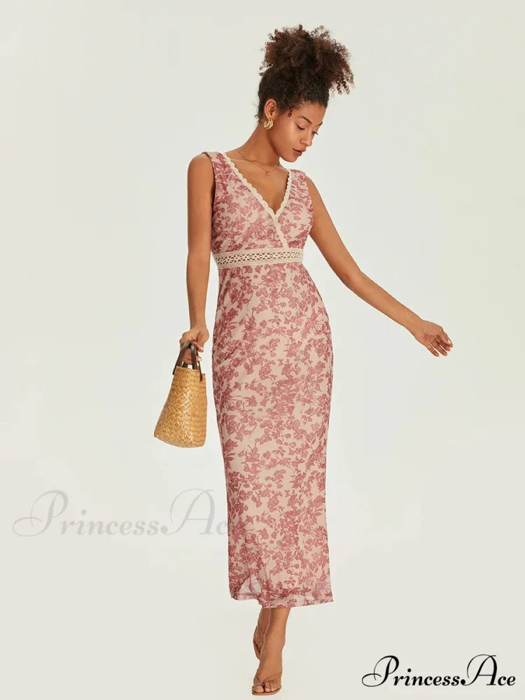 Sophisticated Flower Fishtail Lace Trim Wrap V-neck Bodycon Flower Dress floraldress-250126