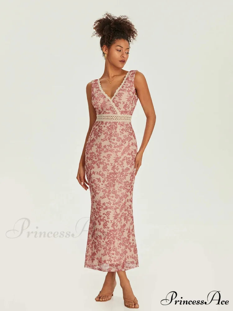 Sophisticated Flower Fishtail Lace Trim Wrap V-neck Bodycon Flower Dress floraldress-250126