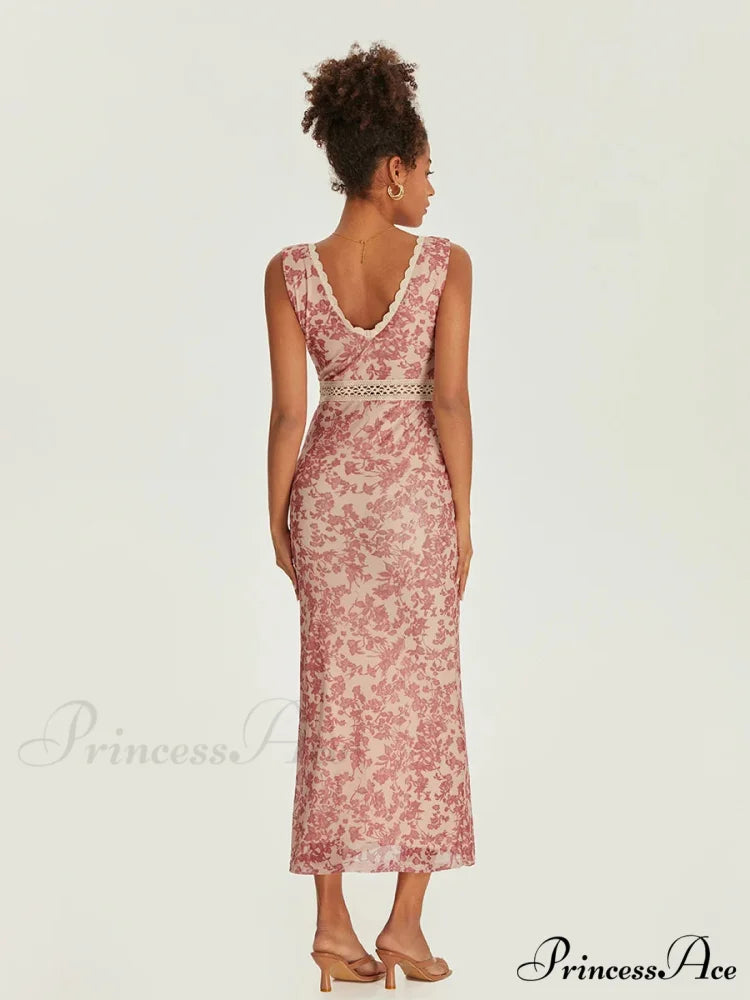 Sophisticated Flower Fishtail Lace Trim Wrap V-neck Bodycon Flower Dress floraldress-250126