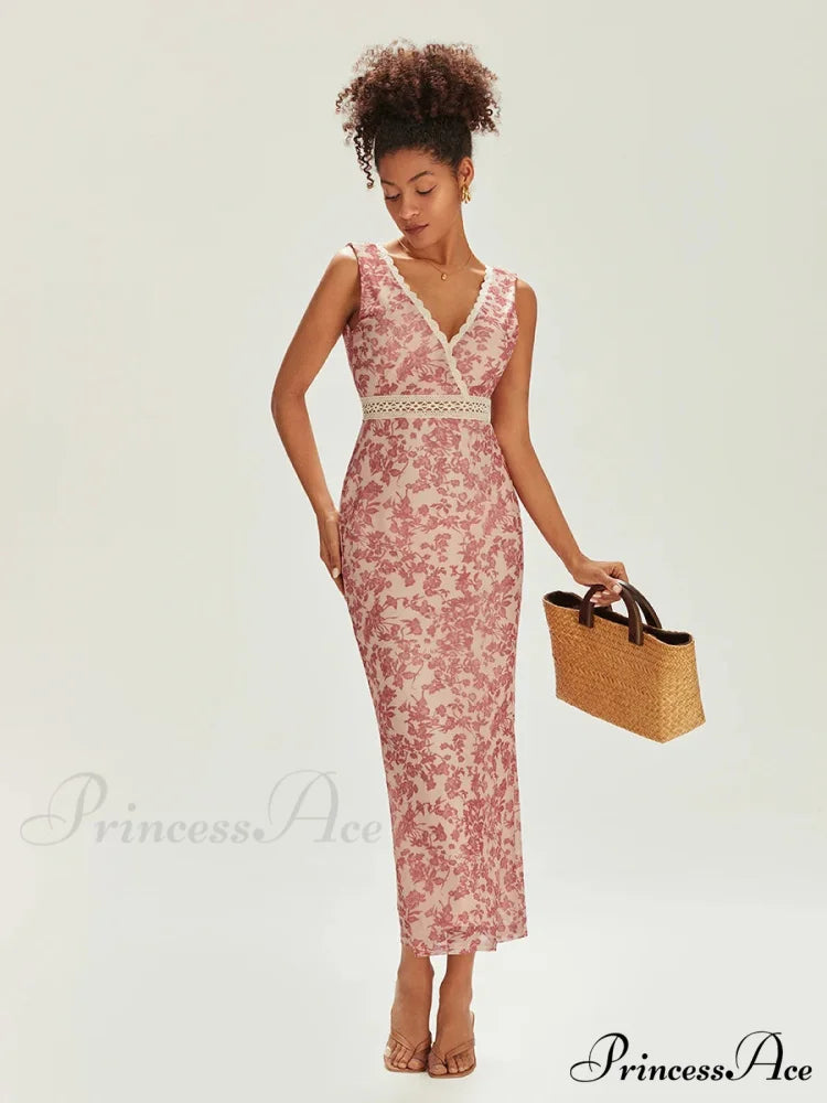 Sophisticated Flower Fishtail Lace Trim Wrap V-neck Bodycon Flower Dress floraldress-250126