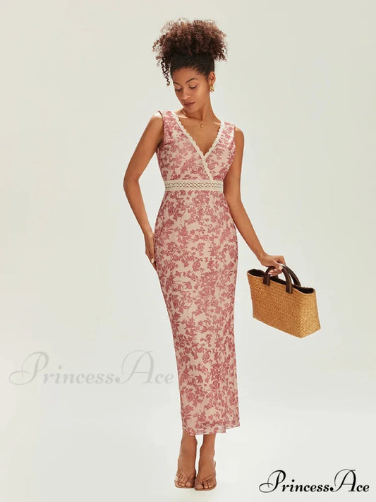 Sophisticated Flower Fishtail Lace Trim Wrap V-neck Bodycon Flower Dress floraldress-250126