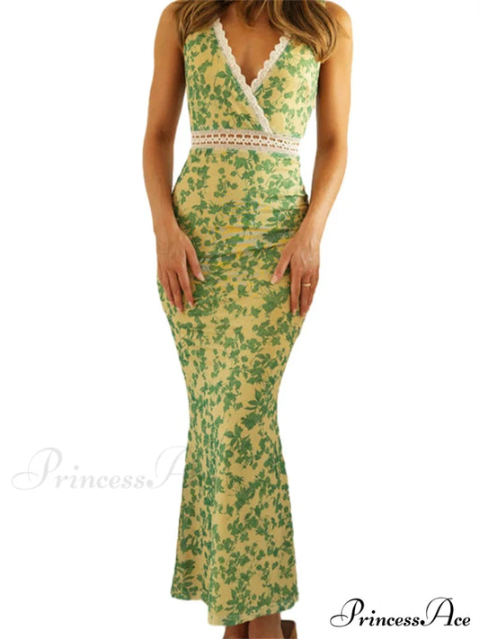Sophisticated Flower Fishtail Lace Trim Wrap V-neck Bodycon Flower Dress Green / S floraldress-250126