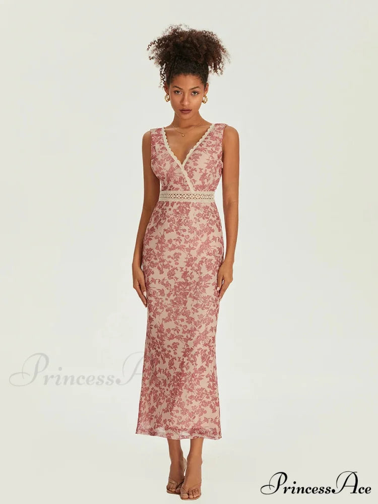 Sophisticated Flower Fishtail Lace Trim Wrap V-neck Bodycon Flower Dress Pink / S floraldress-250126