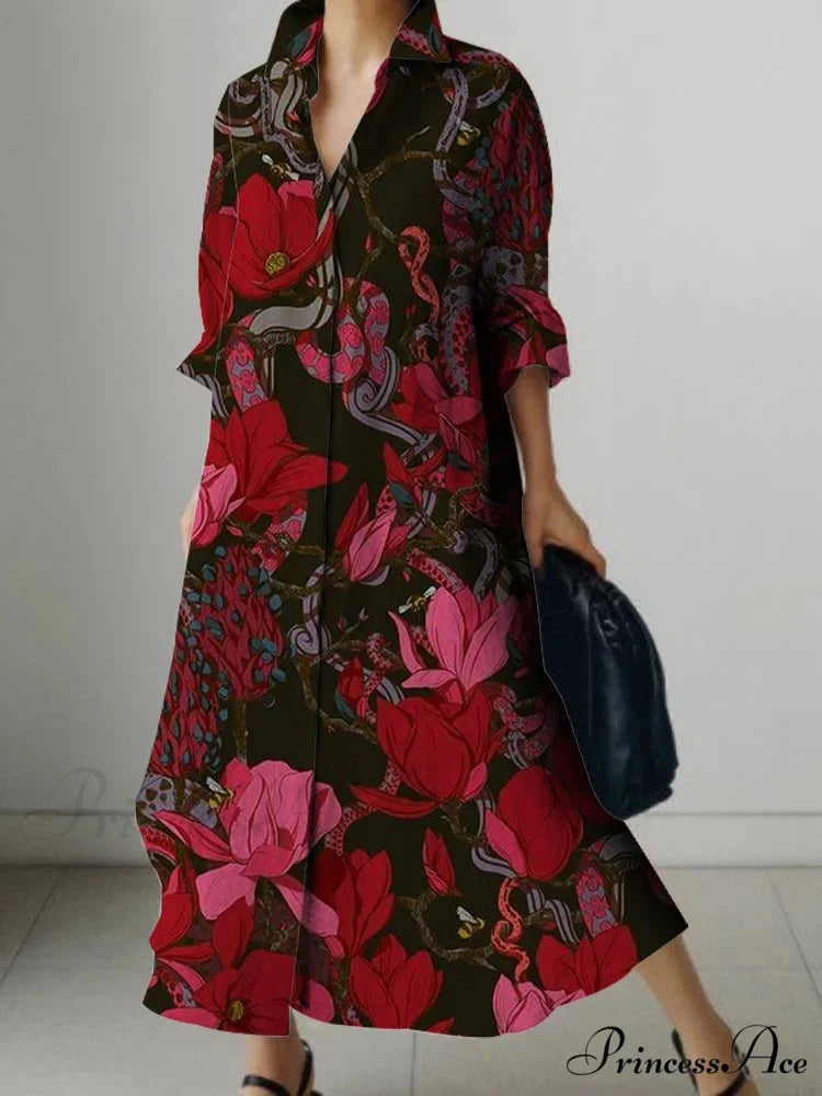 Sophisticated Flower Pattern Extended Sleeve Knee Dress cloro1 / S oldfloraldress-250126