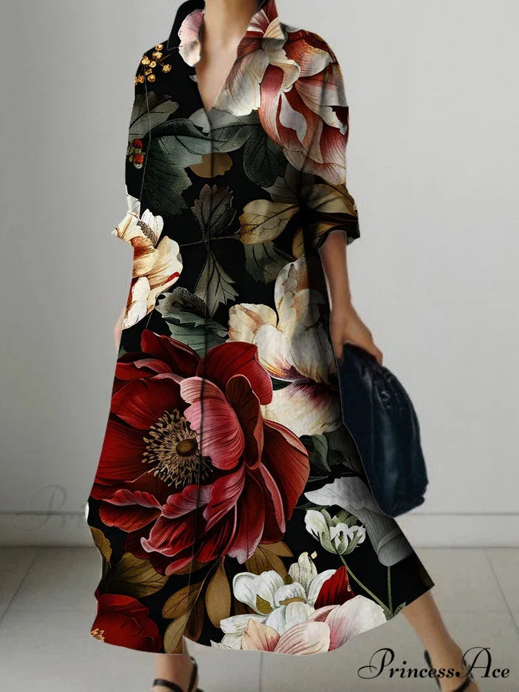 Sophisticated Flower Pattern Extended Sleeve Knee Dress cloro3 / S oldfloraldress-250126