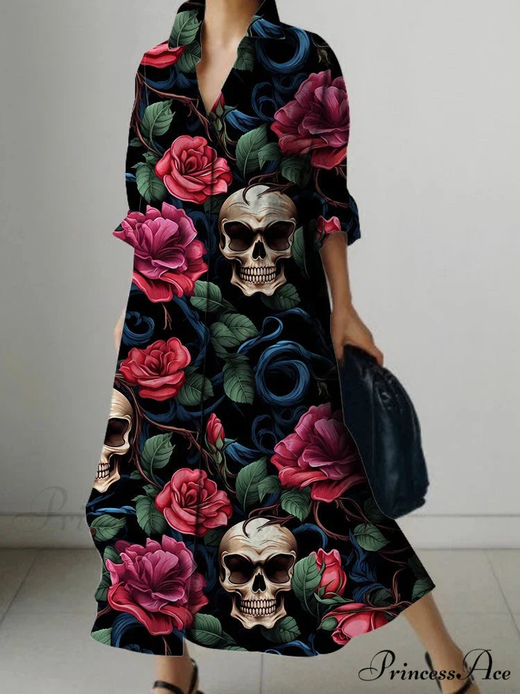 Sophisticated Flower Pattern Extended Sleeve Knee Dress cloro4 / S oldfloraldress-250126