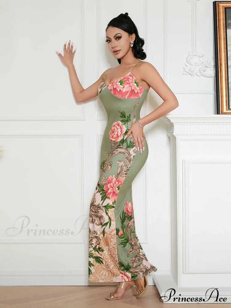 Sophisticated Flower Thin Strap Open-Back Flower Dress floraldress-250126