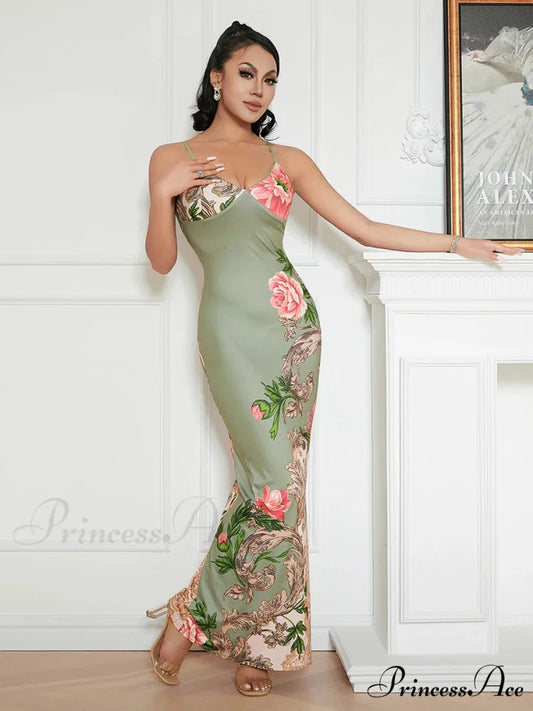 Sophisticated Flower Thin Strap Open-Back Flower Dress Green / S floraldress-250126