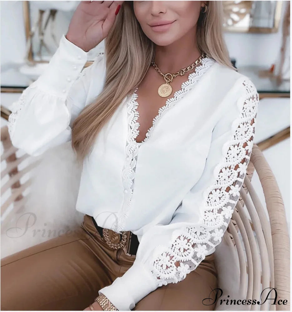 Sophisticated Lace Patchwork Ivory Blouse blouse-250126