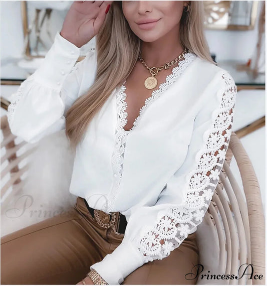 Sophisticated Lace Patchwork Ivory Blouse blouse-250126