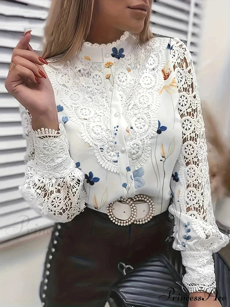 Sophisticated Lace Patchwork Ivory Blouse blouse-250126