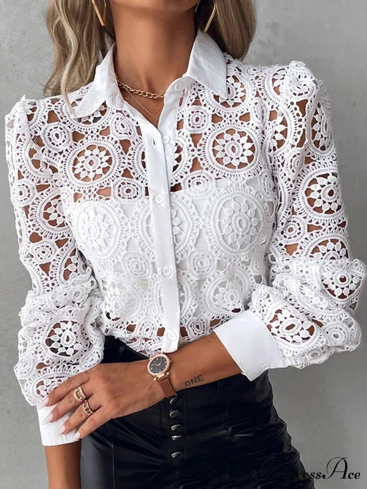 Sophisticated Lace Patchwork Ivory Blouse blouse-250126
