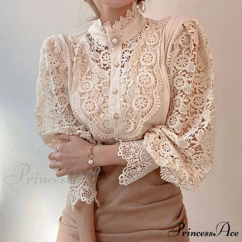 Sophisticated Lace Patchwork Ivory Blouse Apricot / S blouse-250126