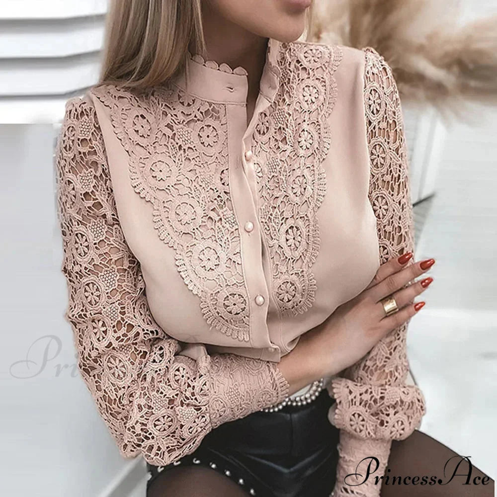 Sophisticated Lace Patchwork Ivory Blouse Pink1 / S blouse-250126