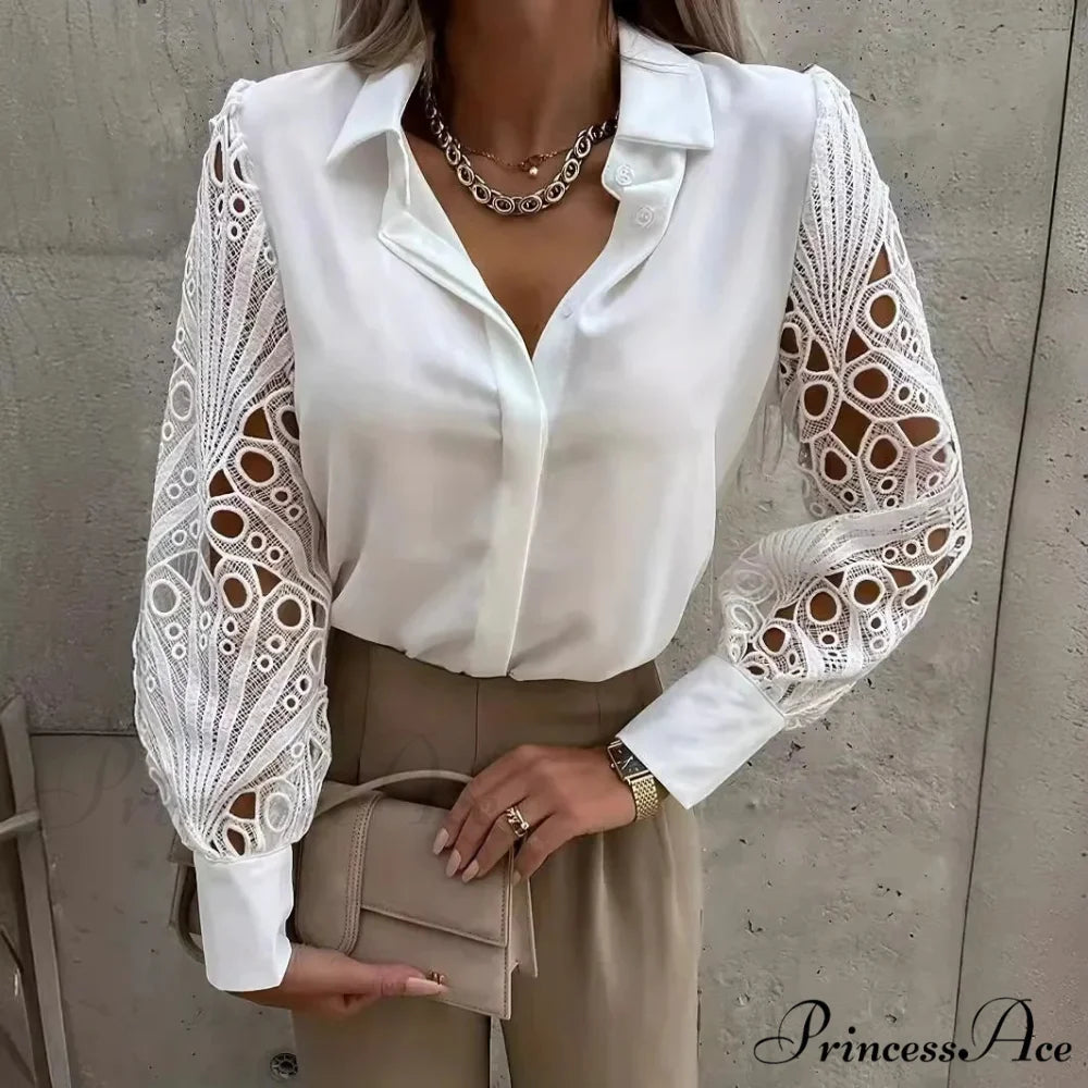 Sophisticated Lace Patchwork Ivory Blouse White2 / S blouse-250126