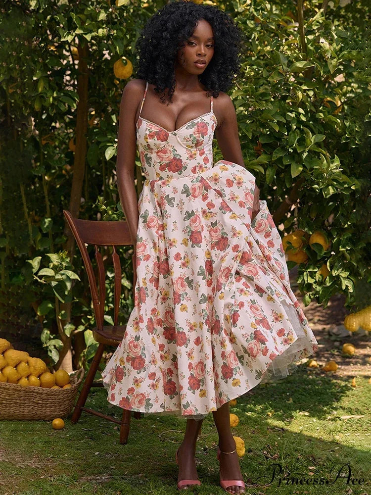 Sophisticated Mesh A-line Holiday Dress Red Flowers / S vacationdress-250223